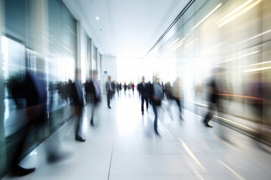 Crowd of Business People Walking in Office -  Moving Fast - Motion Blur 