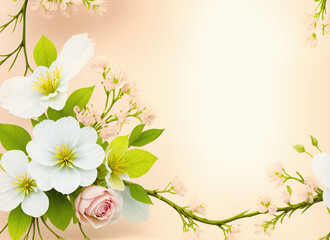 Fresh branch of white and pink flowers on a light pastel background. Empty space for text