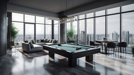 Fototapeta na wymiar internal design with pool table in a amazing penthouse living room, 3d render, generative ai