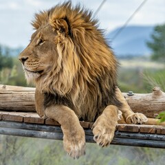 Closeup of a fearless Barbary lion relaxing on a wooden board