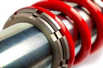 Closeup of a silver and red coil shock absorber other tools in the background