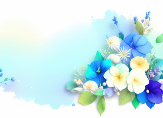 White and blue flowers on a white-blue background. Empty space for text.