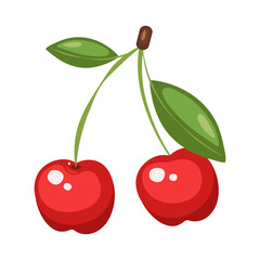 Vector fresh red cherries with leaves isolated on a white background. Cute cartoon illustration of organic food. Berry collection