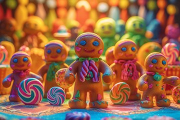 Fototapeta na wymiar Illustration of a colourful whimsical candy land with gingerbread people created with Generative AI technology