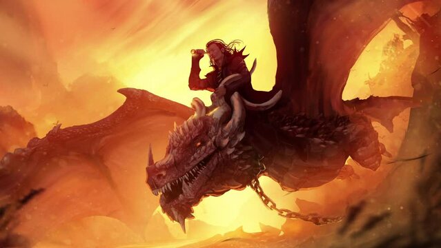 A researcher with a telescope is flying astride a huge spiked dragon released from its shackles, against the background of an epic yellow-orange sunset. approaching 2d animation art