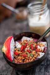 Fresh fruit on a bowl with bokeh background