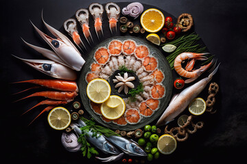 top view of seafood board with oysters, shrimp, fish on black background, close up, created with Generative AI technology