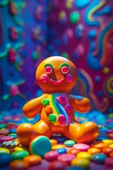 Illustration of a colourful whimsical candy land with a gingerbread house and gingerbread man created with Generative AI technology