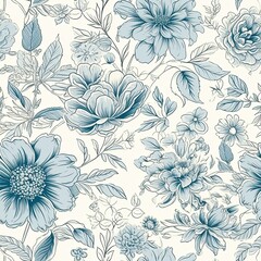 floral, white, blue, drawing, beautiful, elegant, seamless pattern, flowers, vintage,  Generative AI