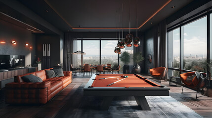 internal design with pool table in a amazing penthouse living room, 3d render, generative ai