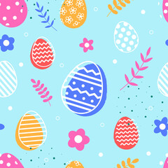 Colourful Easter background with eggs and flowers. Seamless pattern. Vector illustration