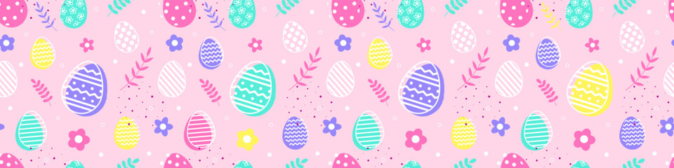 Abstract Easter texture with eggs and flowers on pink background. Minimal design. Panoramic header. Vector illustration