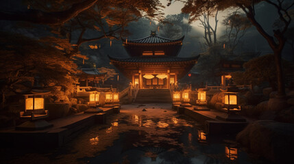 Fototapeta na wymiar Magical Japanese Temple with Zen Garden - Generative AI