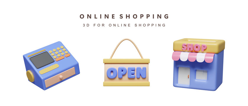 3d Set of shopping online concept. icon isolated on white background. 3d rendering illustration. Clipping path.