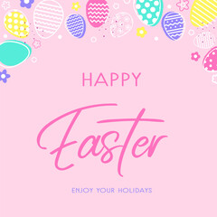 Colourful Easter greeting card with eggs and flowers. Abstract design for Easter. Vector illustration