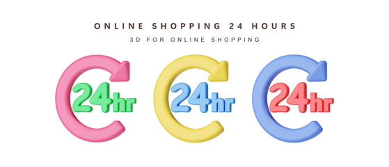 3d Set of online shopping 24 hours for shopping online concept. icon isolated on white background. 3d rendering illustration. Clipping path.