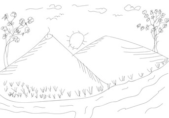 sketch of a mountain view on a white background