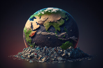 Planet Earth splashing garbage on black background, Polluted  concept of ecology and the World Cleanup Day,  Space debris, AI Generative.