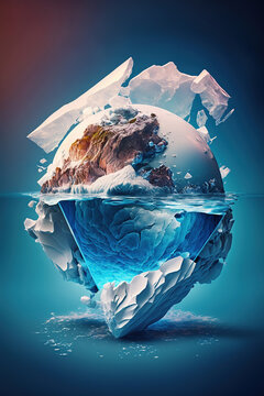 Planet Earth like a glacier melting on blue background climate change, Global warming, AI Generative.