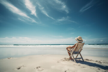 woman with hat sitting on chair in beach. Summer, vacation and holiday concepts. generative ai