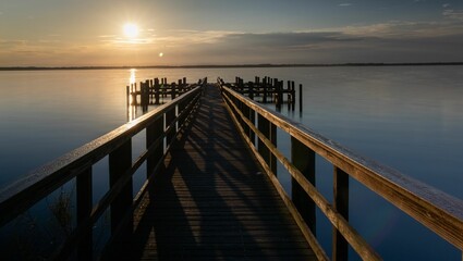 Obraz premium Sunrise scenery from peaceful wooden pier