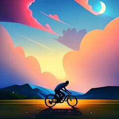 painting of love riding on bicycle against night sky with colorful clouds, digital art style