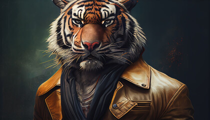 Fototapeta na wymiar dressed tiger with a serious expression face. Generative ia