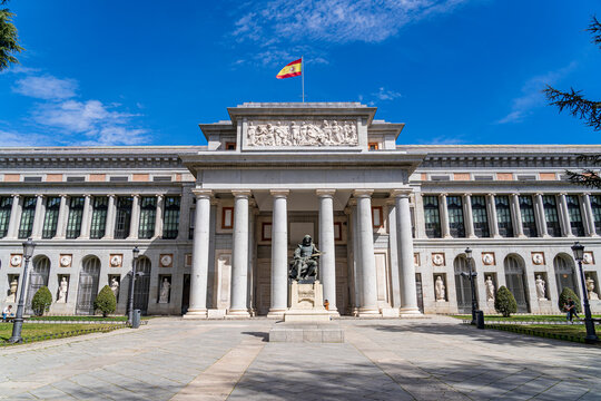 Panoramic view of the main facade of the Prado museum in the center of Madrid.