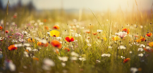 Sunny spring field with poppies and daisies Flowers on grass. Banner Concept. Generative AI.
