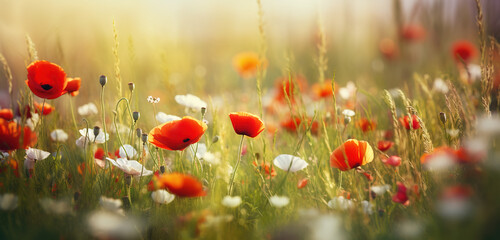 Sunny spring field with poppies and daisies Flowers on grass. Banner Concept. Generative AI.