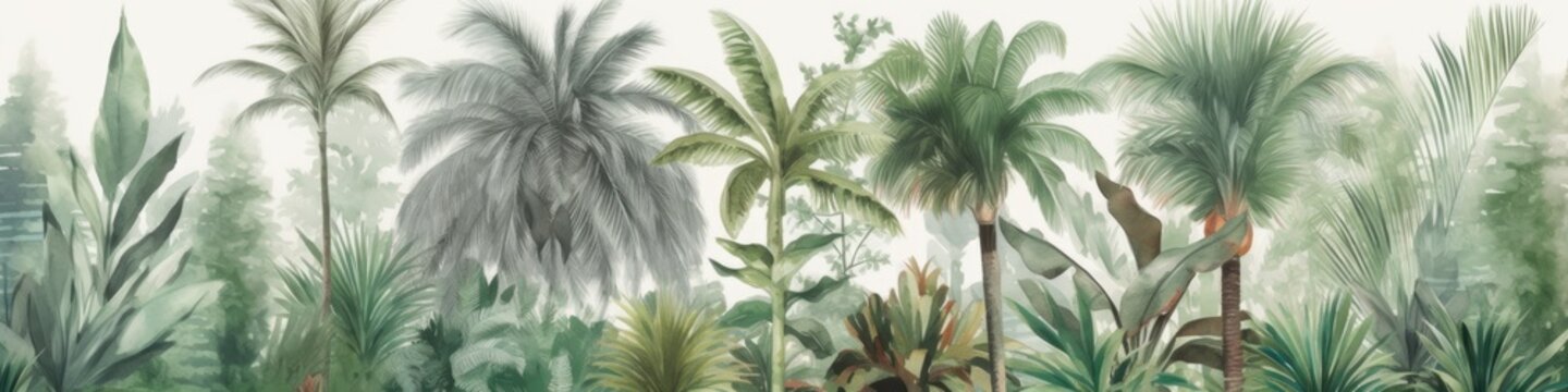 Tropical plants and palm trees, for texture background photo wallpaper or banner. Wallpaper pattern painted in watercolour. Generative AI illustration	
