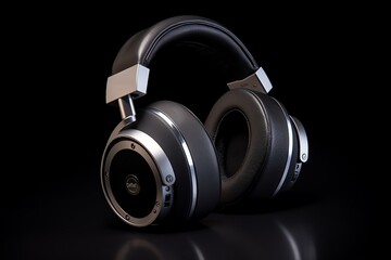 Fototapeta na wymiar Headphones isolated on a black background. Headphone product photo. Generative AI