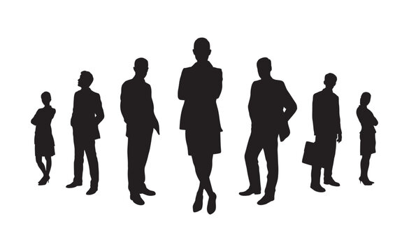 Group of business people standing with confident front view toward camera vector silhouette.