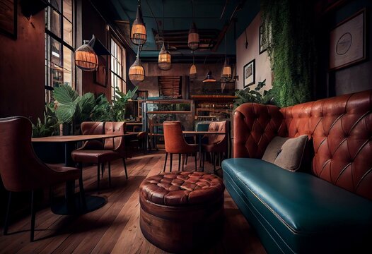 Living room of a restaurant with a sofa that runs around the entire perimeter with industrial style furniture made of wood and metal with a green floor, a tv hanging on the wall. Generative AI