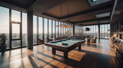 internal design with pool table in a amazing penthouse living room, 3d render, generative ai	