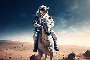 Naklejka premium Cosmonaut or astronaut on a horse on the moon walking in space. Funny concept for astronomy and exploration. Ai generated