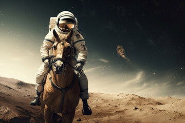 Fototapeta premium Cosmonaut or astronaut on a horse on the moon walking in space. Funny concept for astronomy and exploration. Ai generated