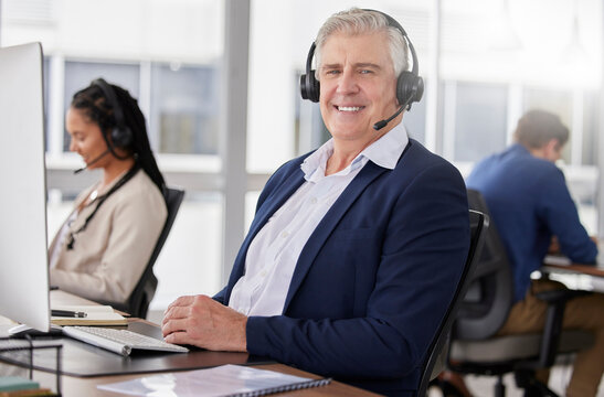Call center portrait, happy or friendly man in communication, speaking or talking to help with customer services. Smile, crm or mature sales agent with microphone in crm technical support office - Powered by Adobe