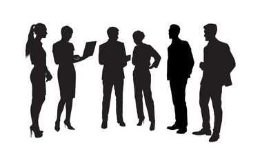 Group of business people team standing and talking together full length vector silhouette. Business team meeting discussion silhouette.