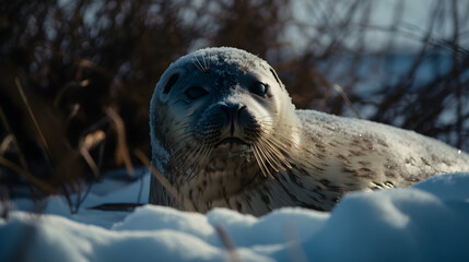 A seal in a snowy landscape. Generative AI