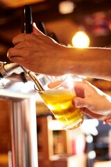 Vertical shot of a bartender dispensing beer into a glass at a pub