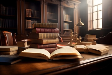 Opened book and stacks of old books on wooden desk in old library. Generative AI