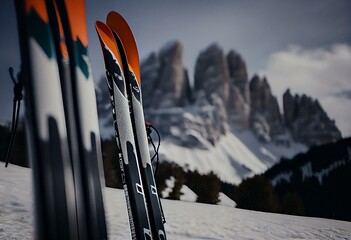 Skis in snow in winter season, mountains and ski items or equipments on the top in dolomites,. Generative AI - obrazy, fototapety, plakaty