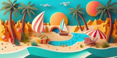 Fototapeta na wymiar Colorful Summer time background with tropical sea, Paper craft style. generative AI