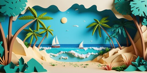 Fototapeta na wymiar Colorful Summer time background with tropical sea, Paper craft style. generative AI