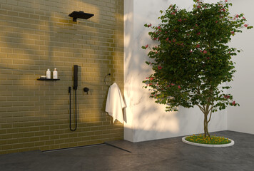 modern luxury bathroom with shower and tree - 3D Illustration