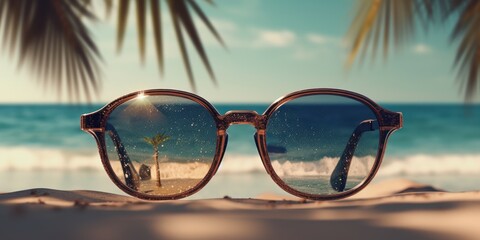 Sunglasses on a tropical beach and sea, Summer festive background. Generative AI