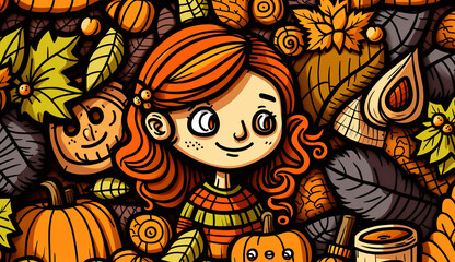 Cartoon cute doodles autumn seamless pattern Generative AI