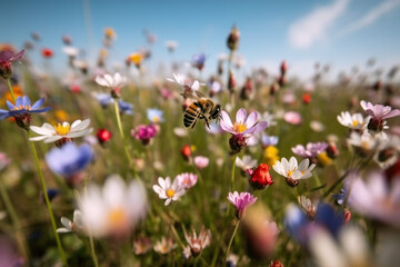 flowers in the field with bee in the center of the picture - obrazy, fototapety, plakaty