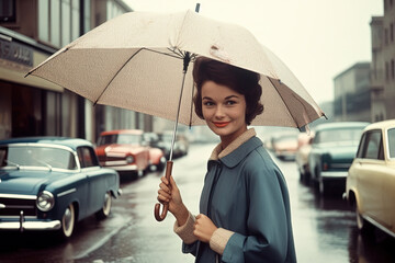 1960s woman walking in the rain holding an umbrella created with Generative AI technology